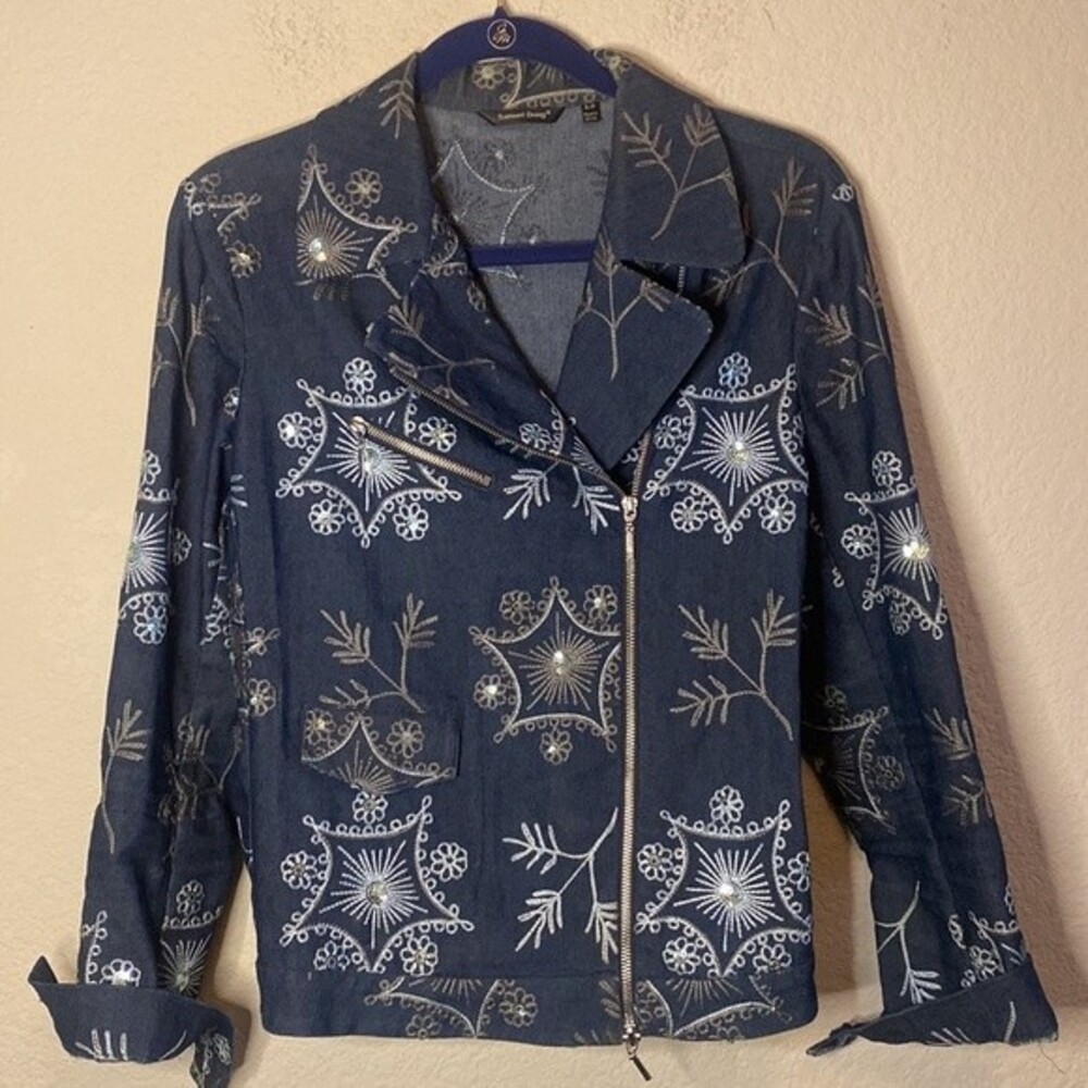 western sequin jean jacket Samuel dong zip embroidery country floral fairy fun
